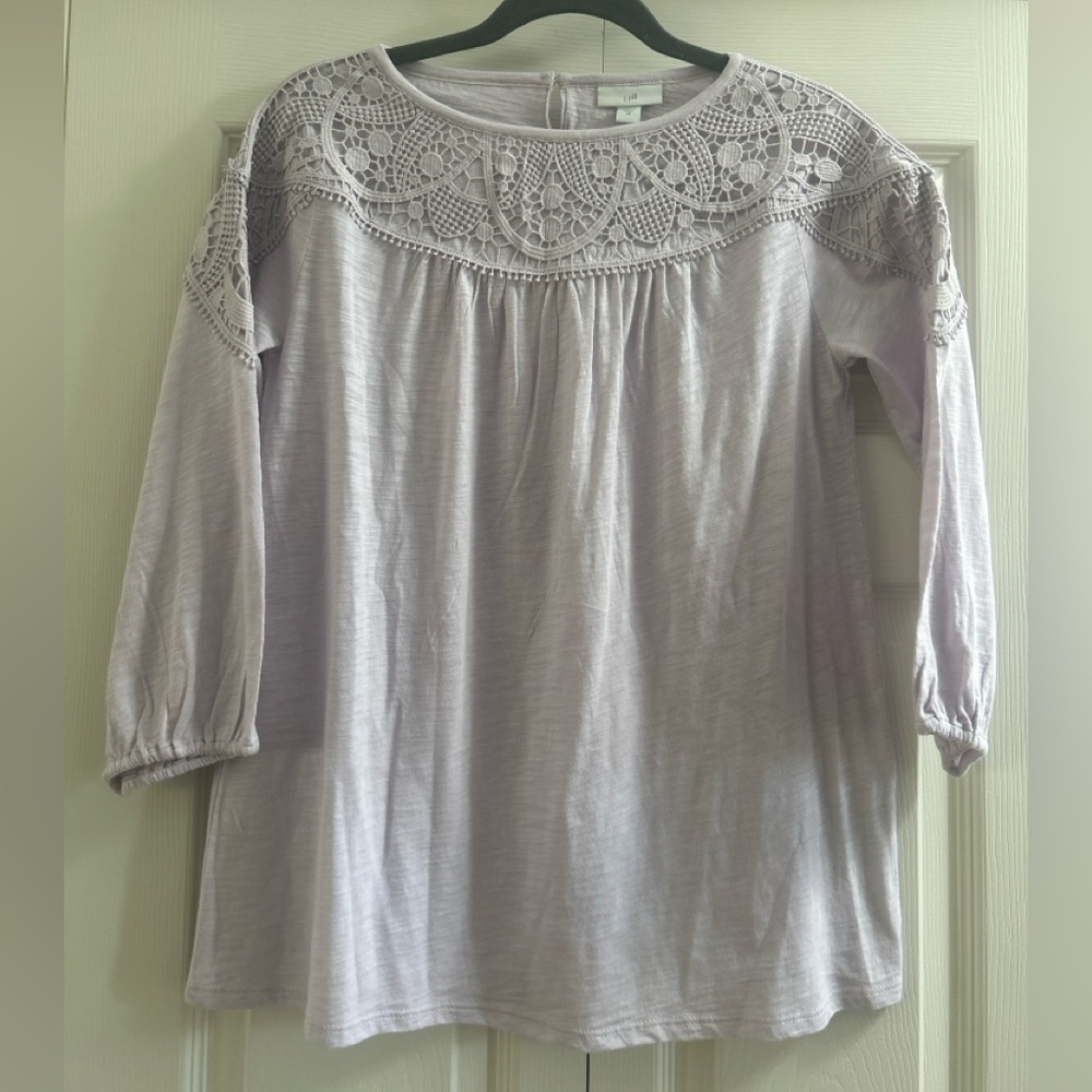 J Jill Shirt Women’s XS Lavender Purple Slub Knit Battenburg Lace 3/4 Sleeves